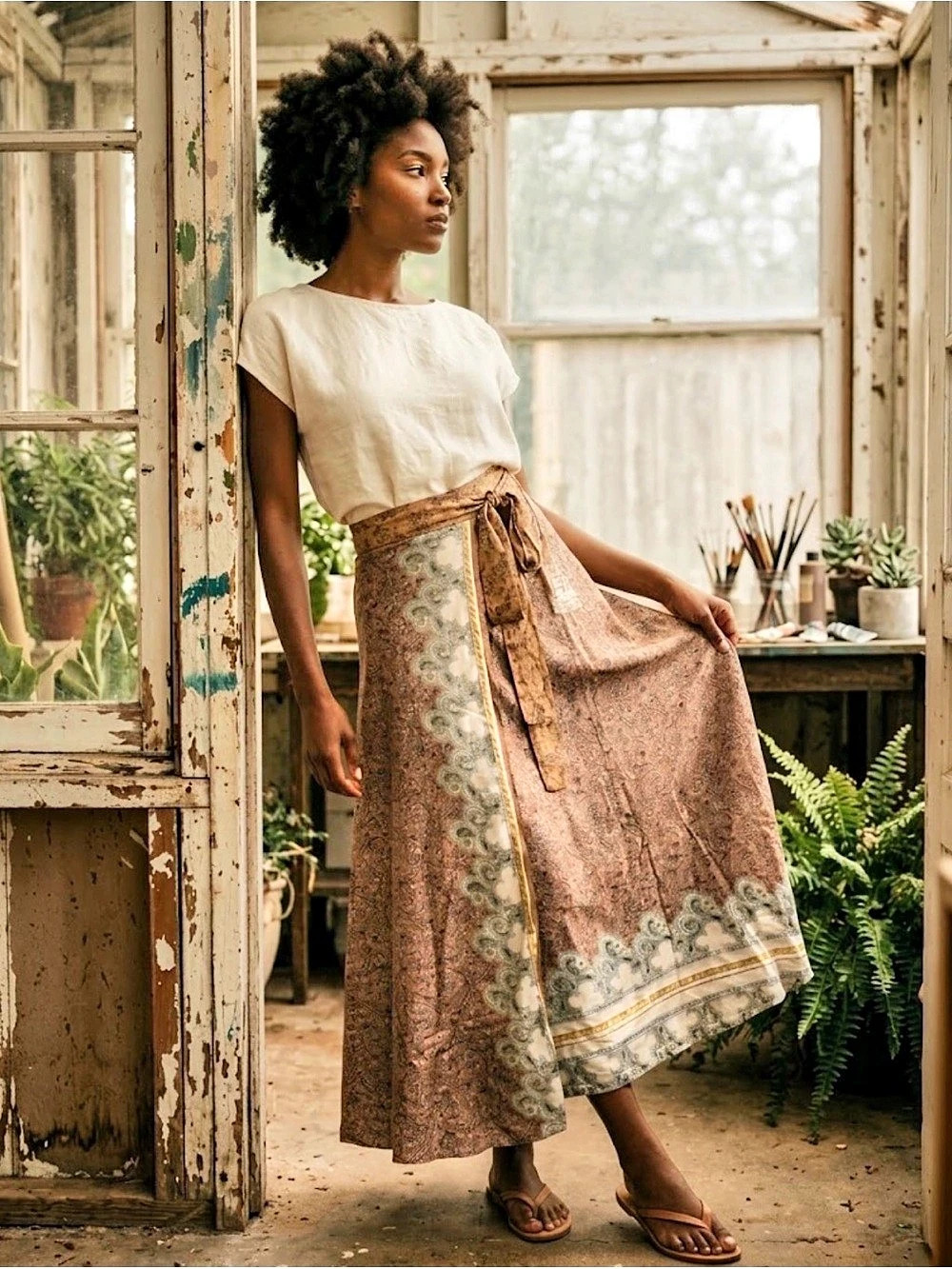 Paisley Silk Blend Maxi Skirt in Brown NWT